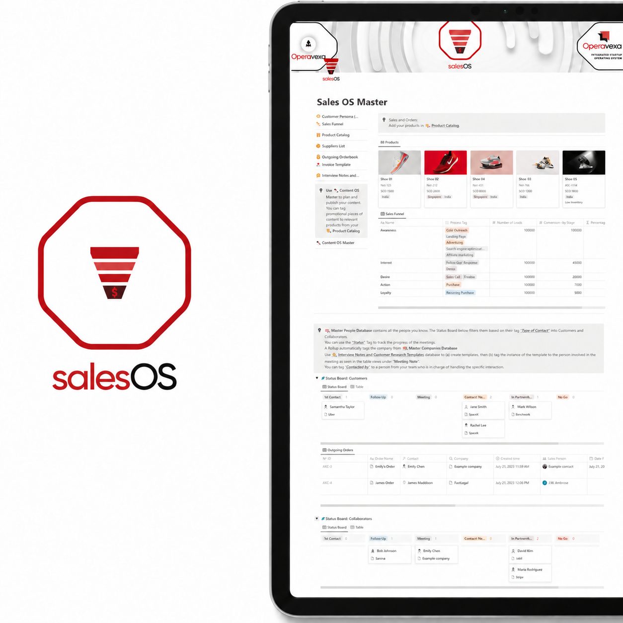 SalesOS Notion Template, with AI customer persona generation, sales funnel tracking, product catalog, ads and sponsorship tracking, order tracking and sales funnel templates. Integrates into Operavexa modules like ConnectOS.