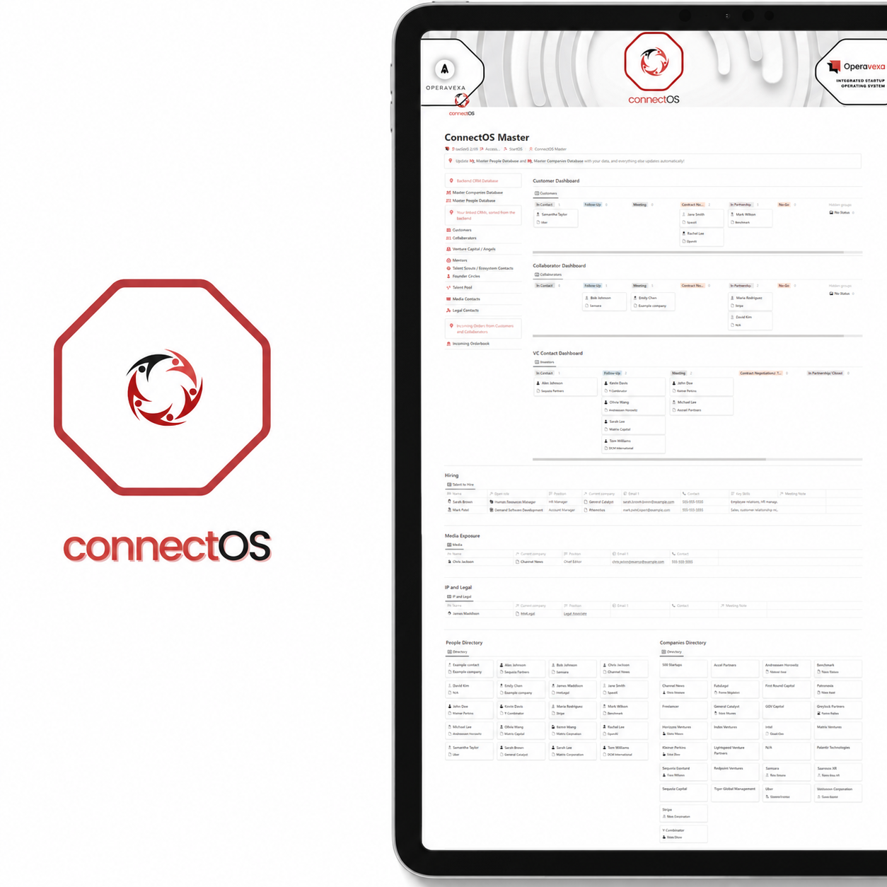 ConnectOS- Notion CRM with people and company databases and filter for customers, collaborators, investors, potential hires, mentors and more. Integrates into other Operavexa modules like FinanceOS, TeamOS and SalesOS.