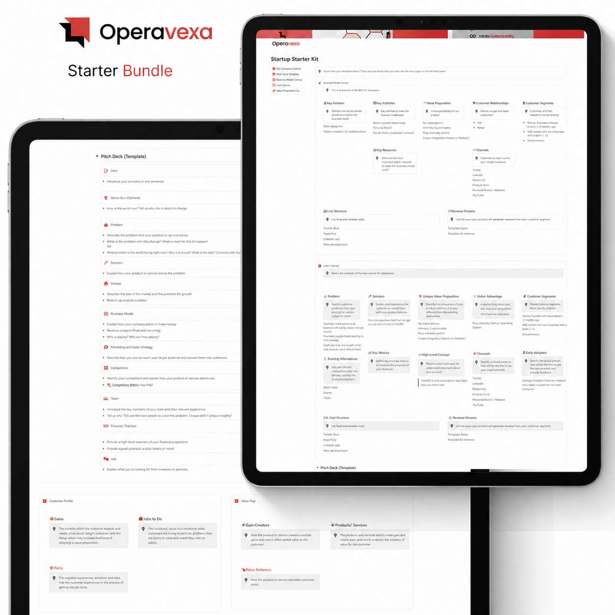 Operavexa starter bundle on a tablet. Contains business model canvas, lean canvas, pitch deck notion template and value proposition canvas.